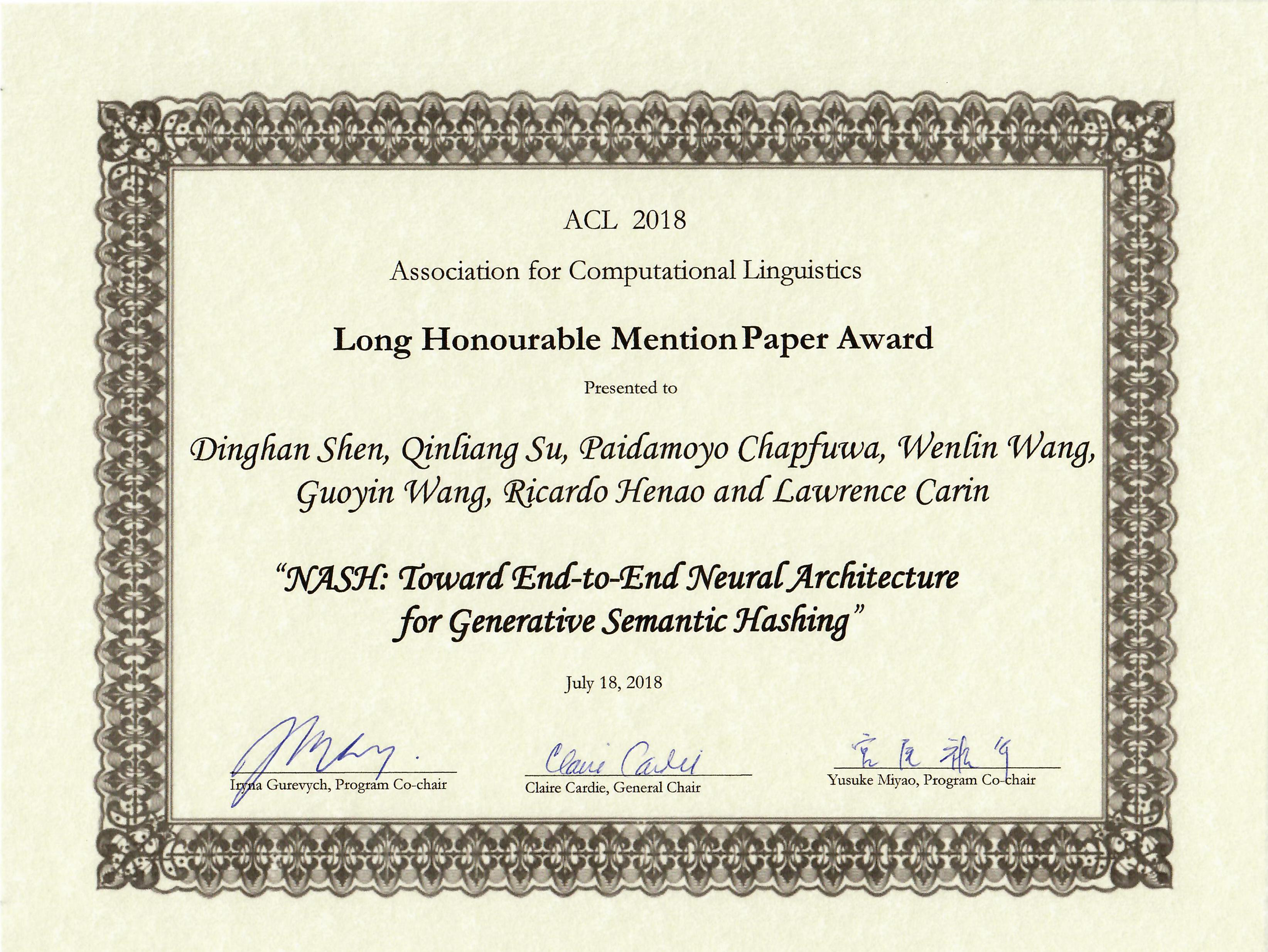 “NASH: Toward End-to-End Neural Architecture for Generative Semantic Hashing”荣获最佳长论文提名